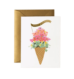Greeting card with ice cream cone and floral design, featuring a 'Happy Birthday' banner.
