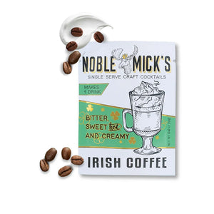 Noble Mick's Irish Coffee single serve craft cocktail package with coffee beans on a white background. 
