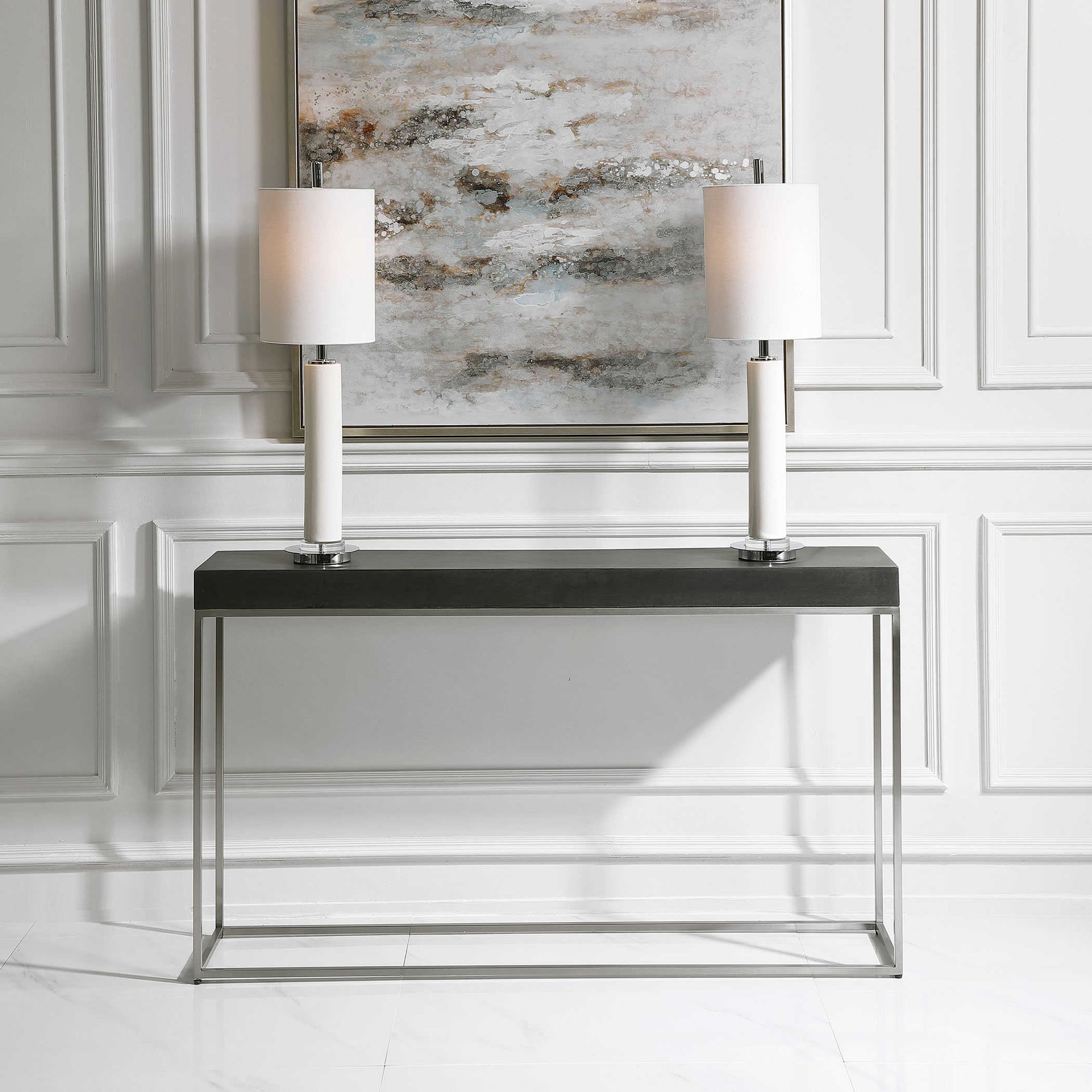 Sleek modern black concrete console table with silver base. Home decor. Sofa table. Modern home design