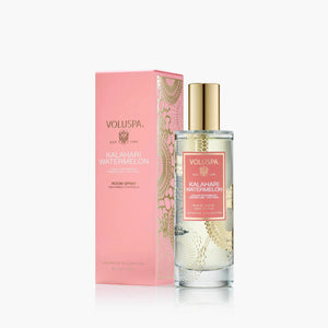 Voluspa Kalahari Watermelon room spray with packaging on a white background. 