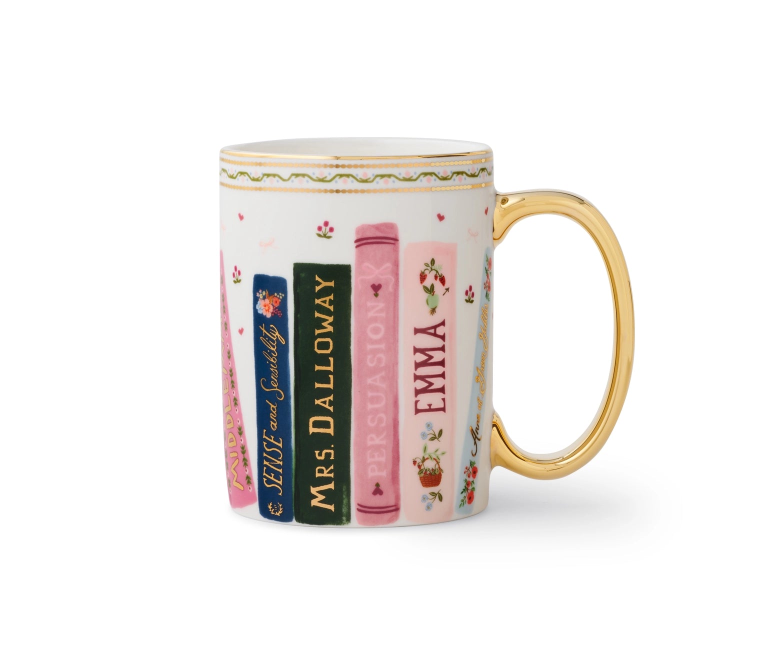 Mug with ladies night book-themed design. Gold rimmed handle porcelain. Rifle Paper Co. 