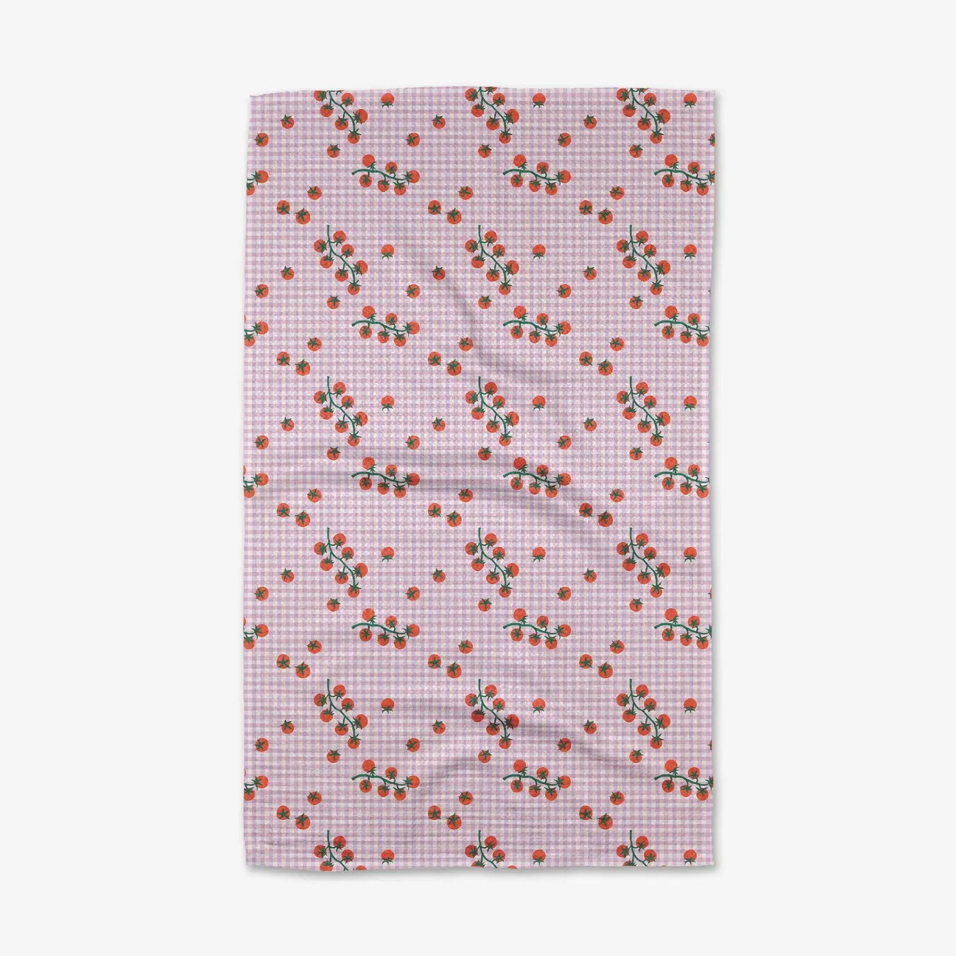Lavender gingham tea towel with tomato on the vine pattern. Geometry. 