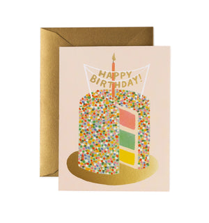 Birthday card with colorful cake illustration and gold envelope