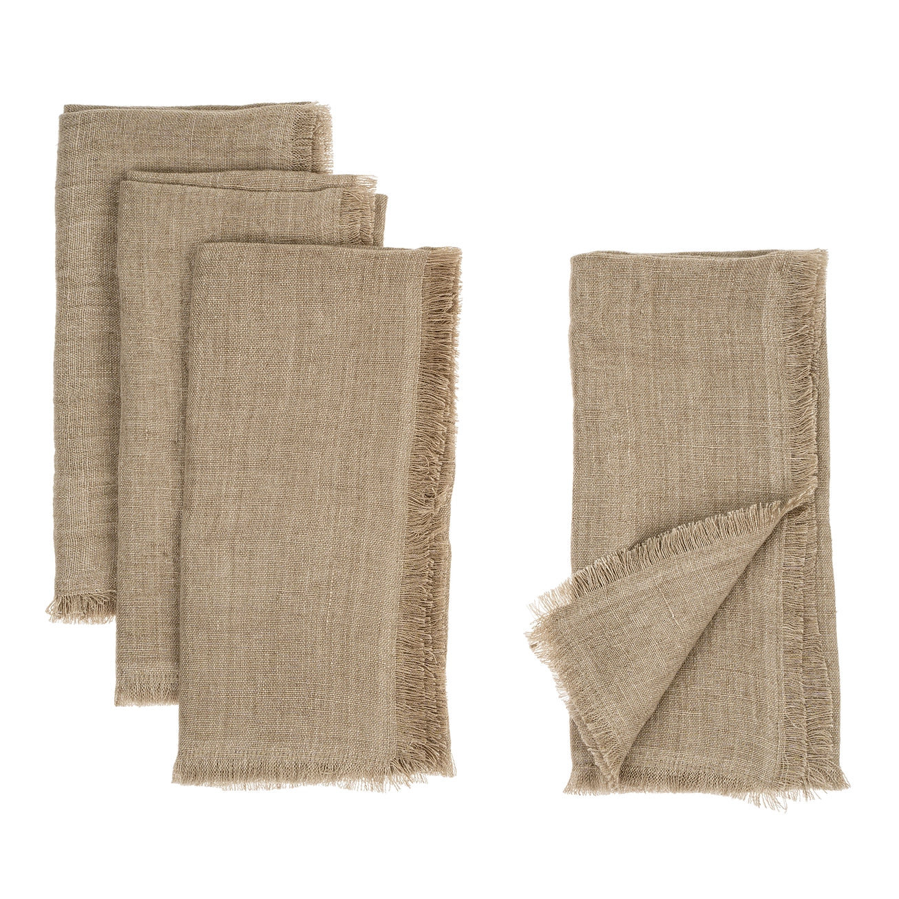 Set of four beige linen napkins with frayed edges on a white background.