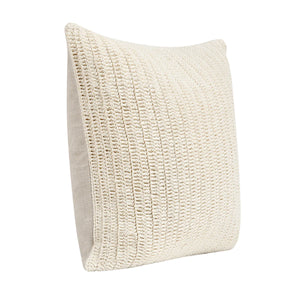 Side profile of hand knotted ivory textured pillow. 