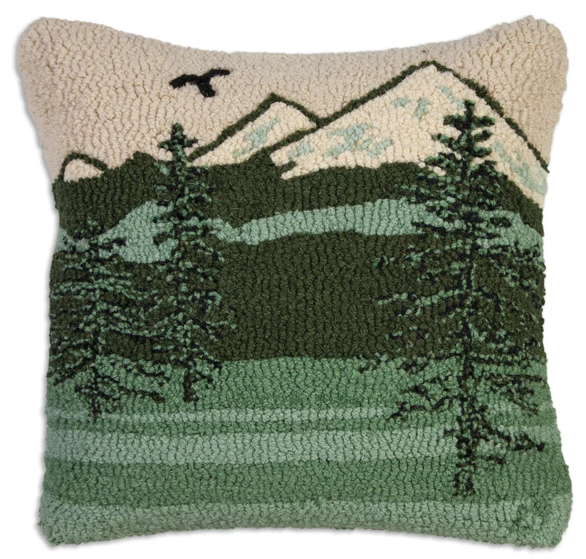 Wool hooked decorative pillow with mountains and evergreen forest design. Chandler 4 Corner. 
