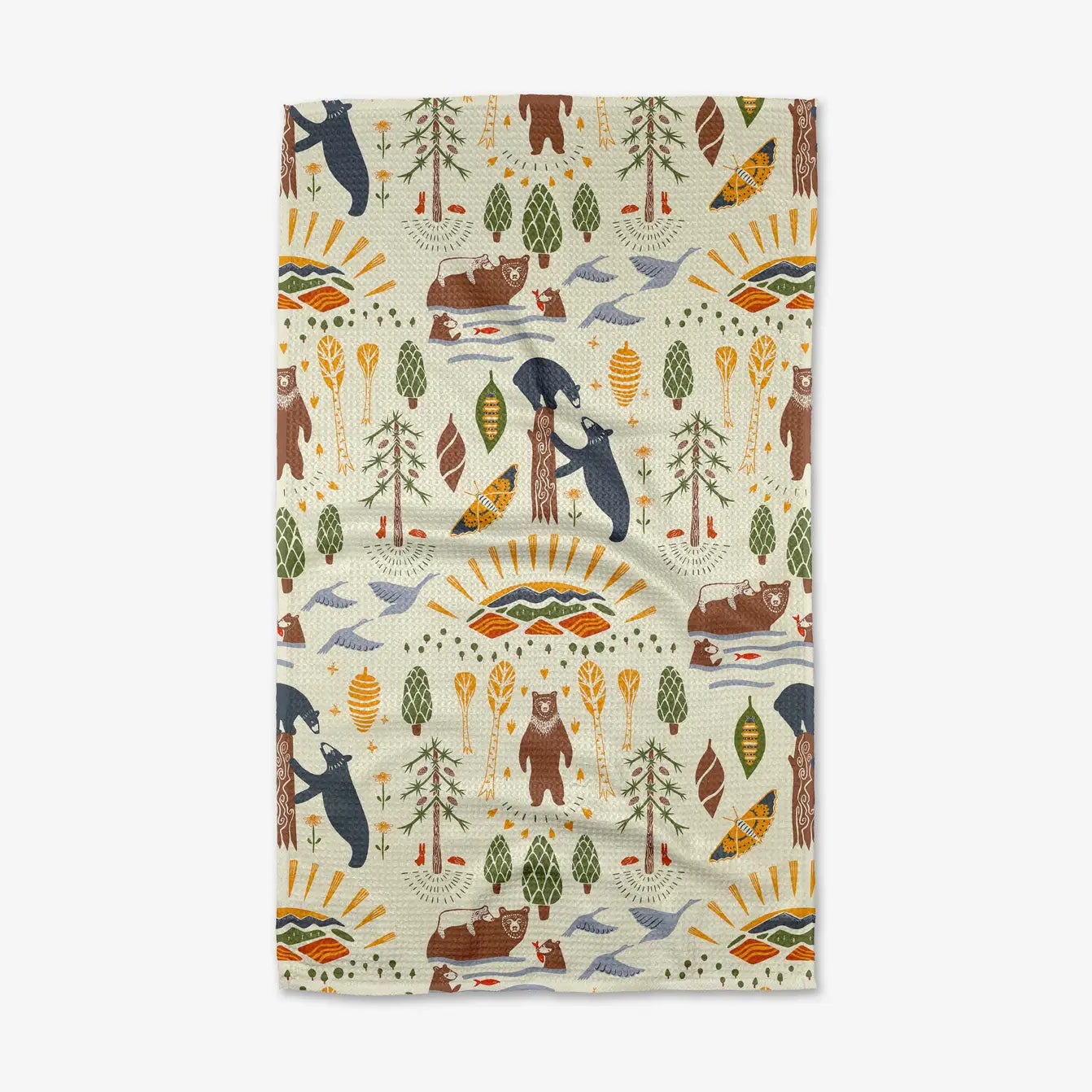 Woodland animal printed kitchen and bathroom towel with folk inspired bears, trees, and other nature-themed designs on a white background. Geometry House Mama Bear towel. 