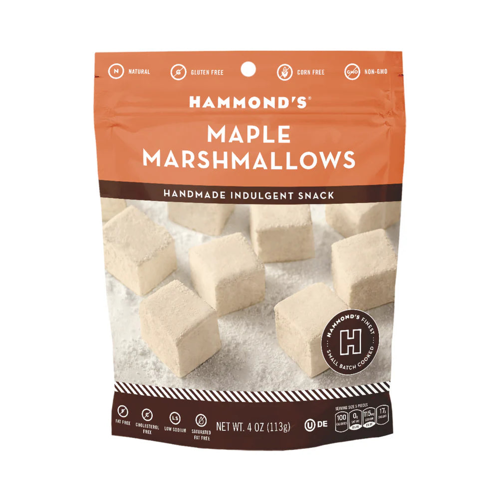 Packaged bag of Hammond's Maple Marshmallows against a white background.