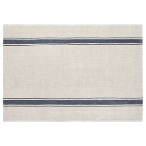 Natural colored linen and cotton tea towel with two dark navy blue accent stripes on a white background. 