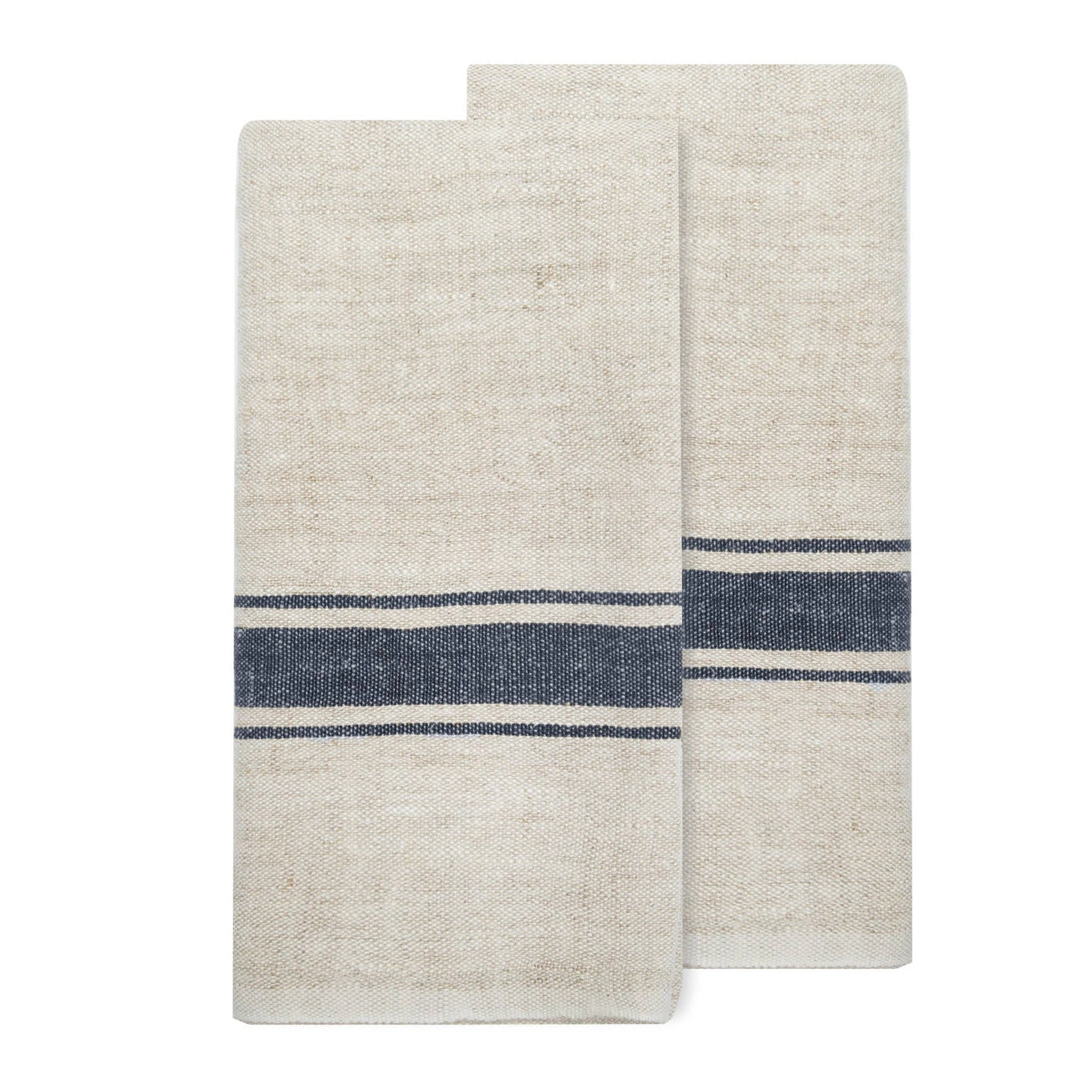 Two natural linen and cotton tea towels with dark navy blue center stripes on a white background.