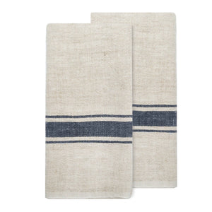 Two natural linen and cotton tea towels with dark navy blue center stripes on a white background.