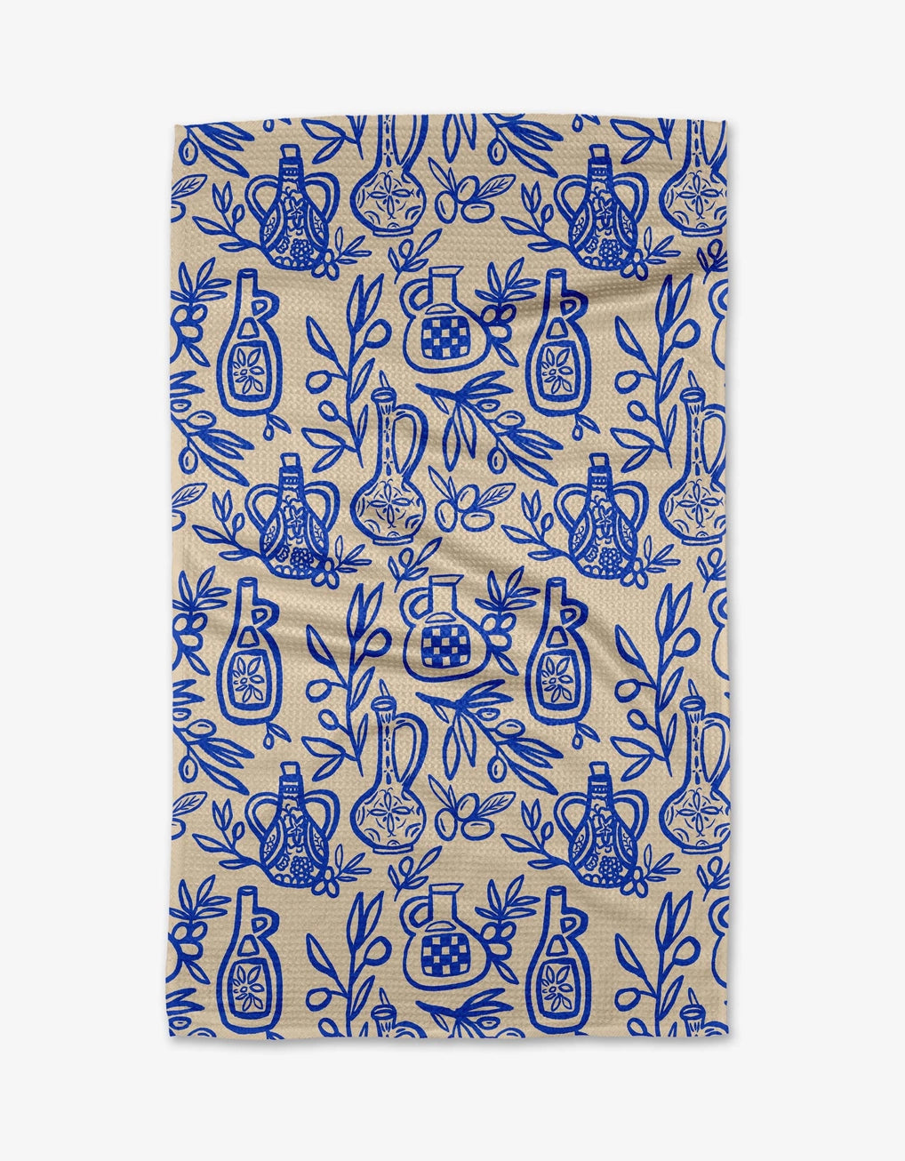 Geometry tea towel with bright blue and cream Mediterranean bottles and olive leaf design. 