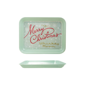 Vintage/retro Mint green melamine tray with 'Merry Christmas Whiskey Room' text on a white background. Holiday Platter. 