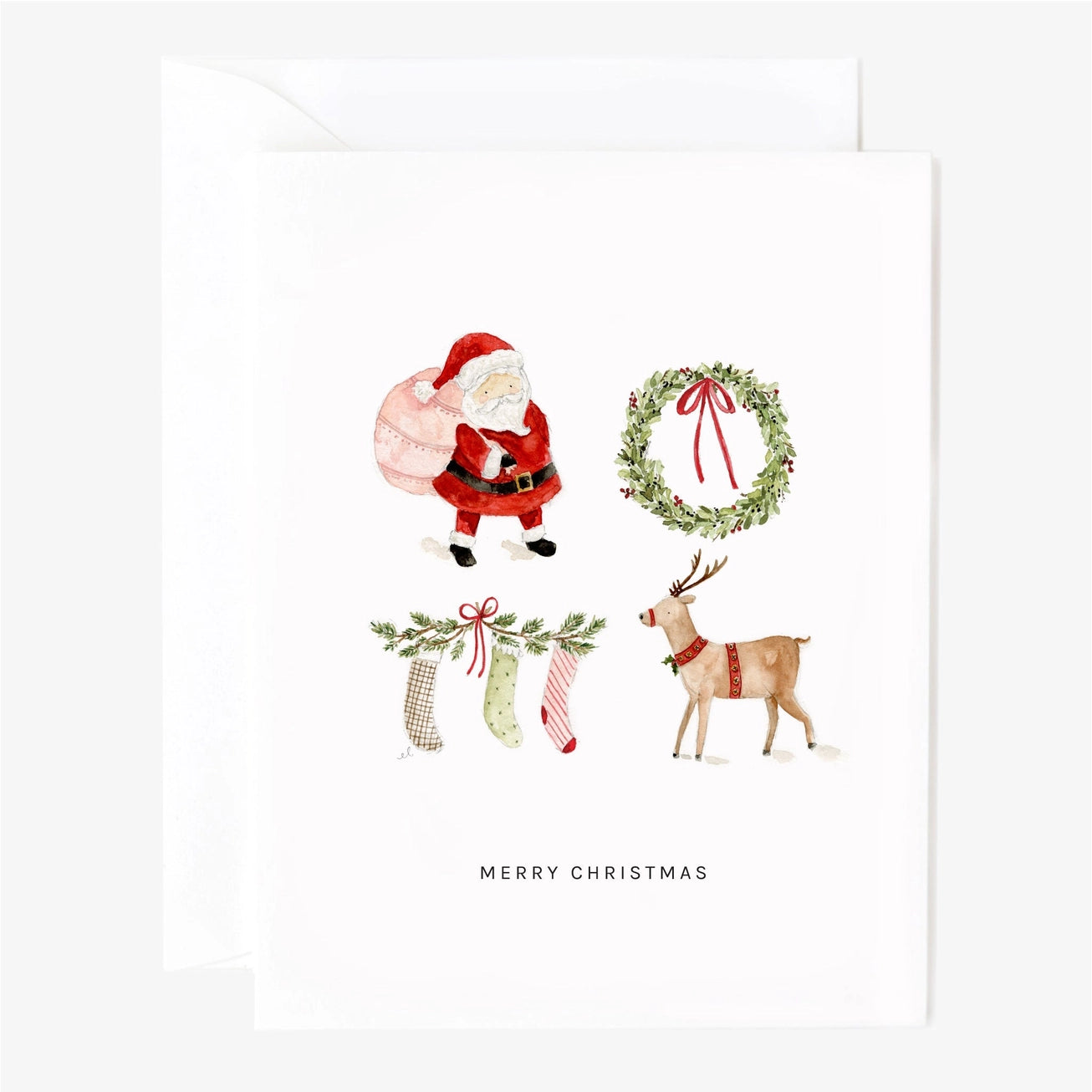 Merry Christmas Santa watercolor card with Santa Claus, reindeer, wreath, and stockings on a white background. Emily Lex Studios. 