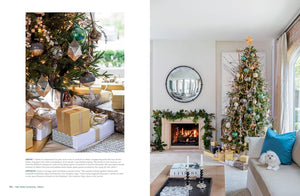 A two-page interior magazine spread showing decorated Christmas trees in real living-room settings. The left page features a close-up of a Christmas tree with ornaments and wrapped presents, with text below.
