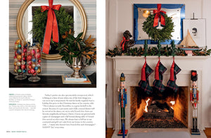 A two-column interior design spread showing holiday decor: a left panel with glass ornaments in a mirrored frame and a right panel with a fireplace mantel decorated with a green wreath, red bow, red plaid stockings, garland, nutcrackers, and a framed picture.