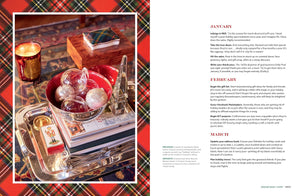 A printed holiday gift guide spread with a large photo of a decorated gold and red Santa Muerte tray on a tartan background, alongside monthly planning text from January to December.