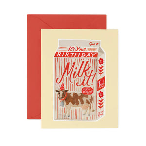 Birthday card with milk carton and cow "Milk it!" design with red envelope. 