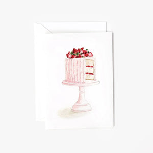 Mini birthday card with watercolor Illustration of a pink cake with strawberries on a white background. Emily Lex. 