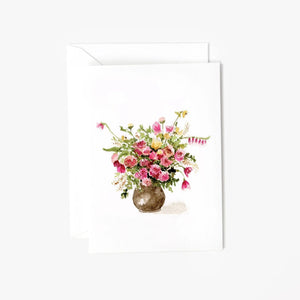 Mini gift card with illustration of rose floral arrangement bouquet in a vase on a white background. Emily Lex. 