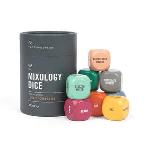 Set of mixology dice with a storage tube labeled 'Two Tumbleweeds' on a white background with various dice labeled. 