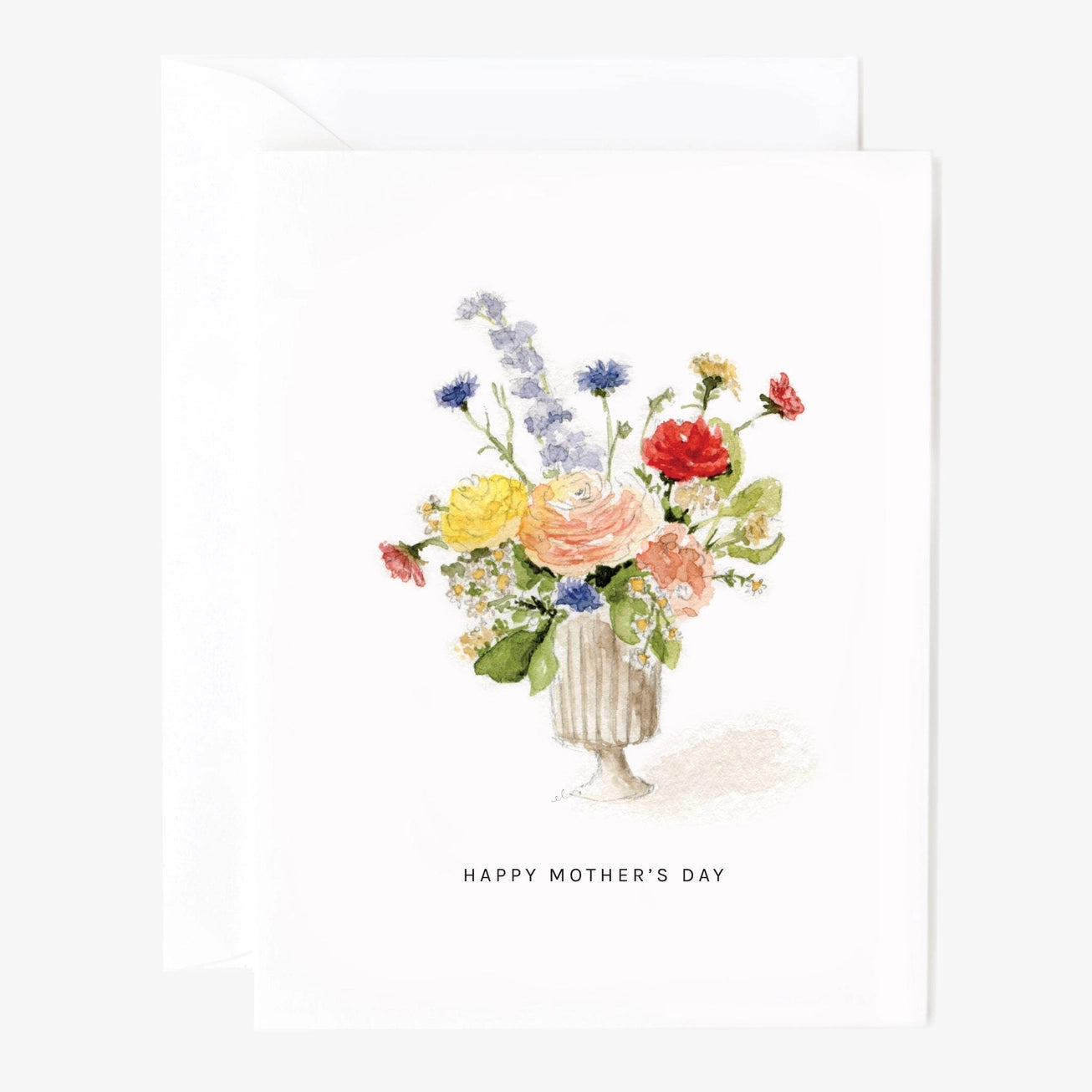 Watercolor card with floral bouquet in a vase with 'Happy Mother's Day' text on a white background. Emily Lex Studios. 