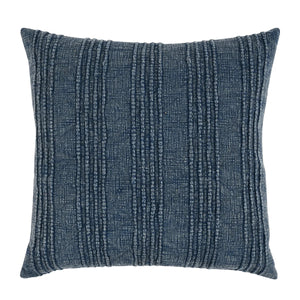 Striped textured navy blue pillow on a white background. Measures 22x22. 