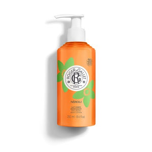 A bright orange bottle with green florals; Roger & Gallet full body perfumed lotion in scent "Neroli". 
