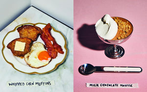 Pictured whipped corn muffins on decorative plate, left;  milk chocolate mousse in silver serving dish, right.