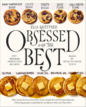 Front cover of "Obsessed with the Best" cookbook by Ella Quittner with various styles of pancakes and cookies displayed across the cover. 