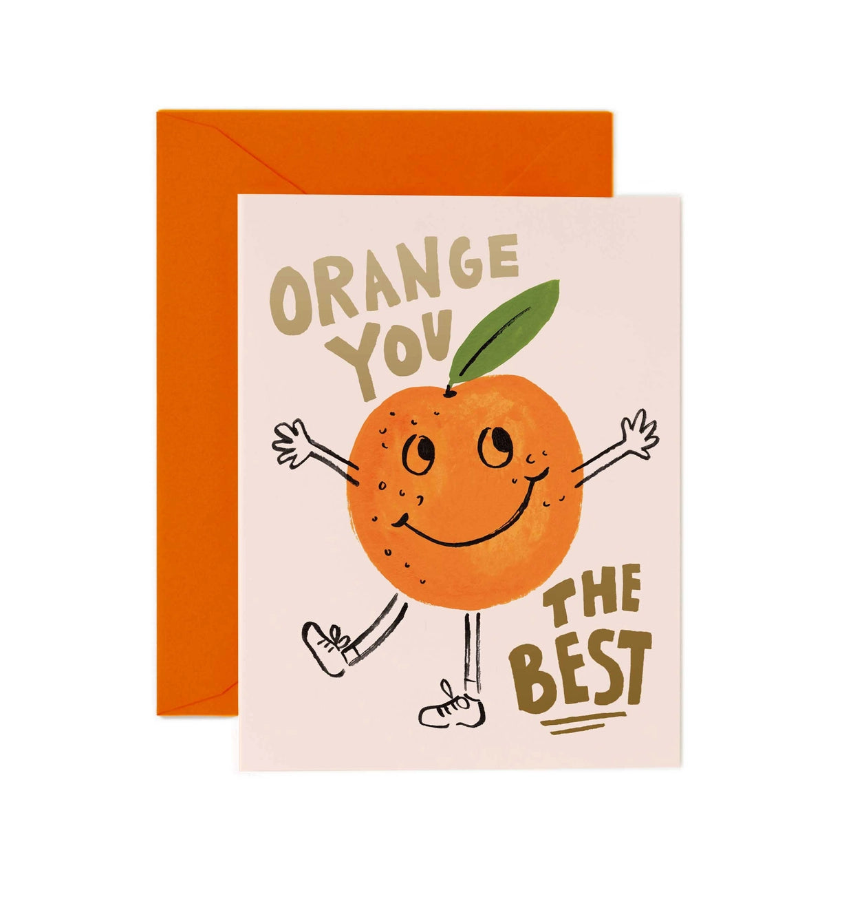 Card with a cartoon orange character and text 'Orange you the best' on a white background. Matching bright orange envelope
