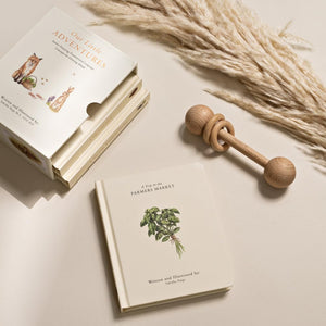 Wooden rattle and two books on a light surface with dried plants.