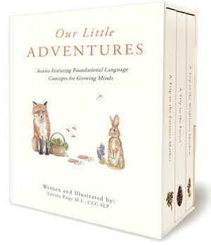 Book titled 'Our Little Adventures' with illustrations of a fox and rabbit on the cover.