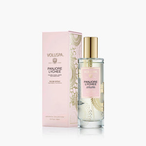 Voluspa Panjore Lychee room spray with packaging on a white background. 