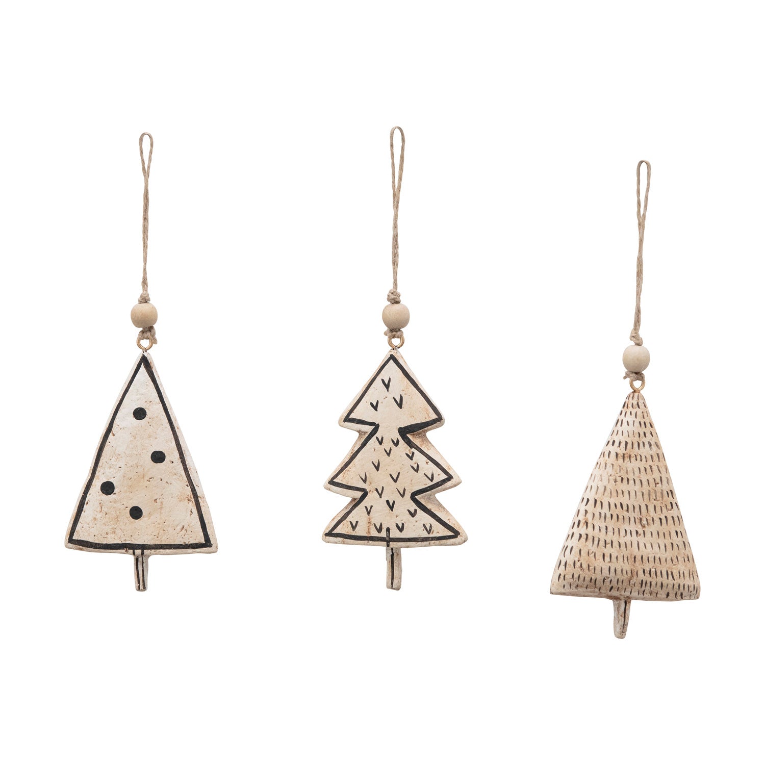 Trio of natural paper mache christmas tree ornaments with various dotted and lined designs. 