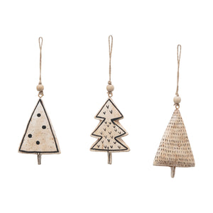 Trio of natural paper mache christmas tree ornaments with various dotted and lined designs. 