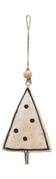 Individual paper mache ornament in the shape of a tree with dots painted on it. 