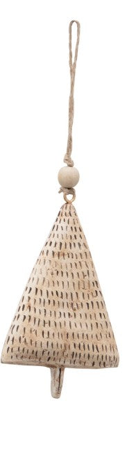 Individual paper mache ornament in the shape of a tree with vertical lines painted on it. 