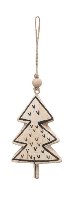 Individual paper mache ornament in the shape of a tree with branches painted on it. 
