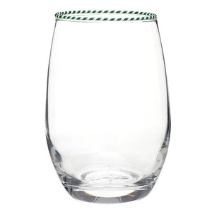 A clear stemless wine glass with a thin green and white candy cane striped rim, shown against a plain white background.