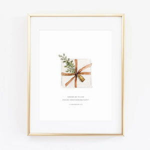 Framed watercolor artwork with a decorative pinecone bow and scriptural text on a white background. Emily Lex Studios. 