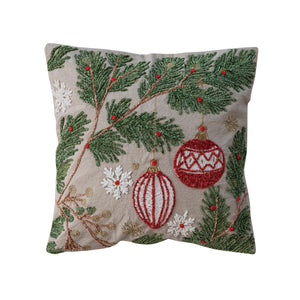 Embroidered Pine Boughs Holiday Pillow