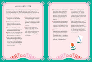 A printed page titled 'MANJONG ETIQUETTE' with two columns of text on a white background, framed by pink decorative borders and small blue-and-white jujutsu-style illustrations along the bottom.