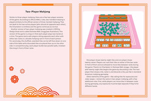 An open book showing two printed pages about Two-Player Mahjong, with explanatory text, a small game diagram, and a tiling example framed in orange.