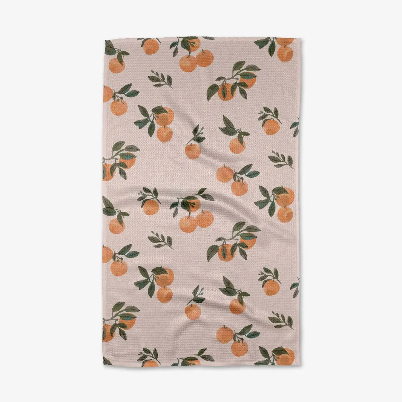 Beige tea towel with fruit peaches  pattern against a white background. Geometry. 