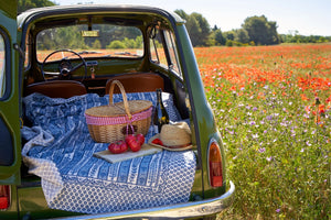 Open car trunk with picnic setup in a field of flowers displaying a French blue Provence inspired tablecloth.