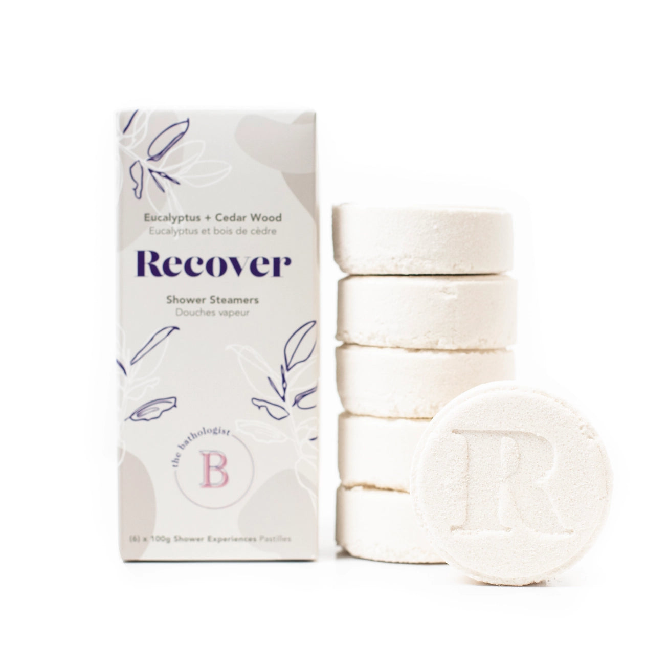 "Recover" Eucalyptus and cedarwood shower steamers package of six.  Bathorium bath and body soaks/salts. 
