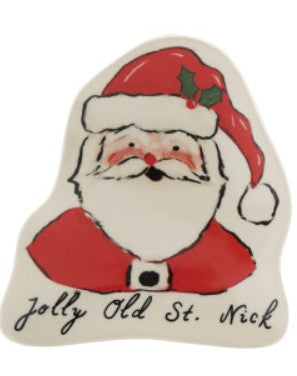 A ceramic Christmas plaque featuring a hand-painted Santa Claus face with the text 'Jolly Old St. Nick' written in black script along the bottom edge.