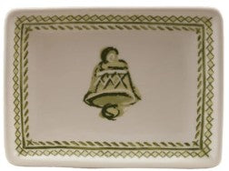 A square ceramic dish with a cream-colored glaze, featuring a green hand-painted border and a central green bell motif.