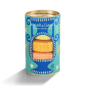 Decorative cylindrical blue, turquoise, and gold tin container with set of Roger & Gallet bar soaps. Scents Fleur D'Osmanthus, Vanille Soleil, and Neroli. 